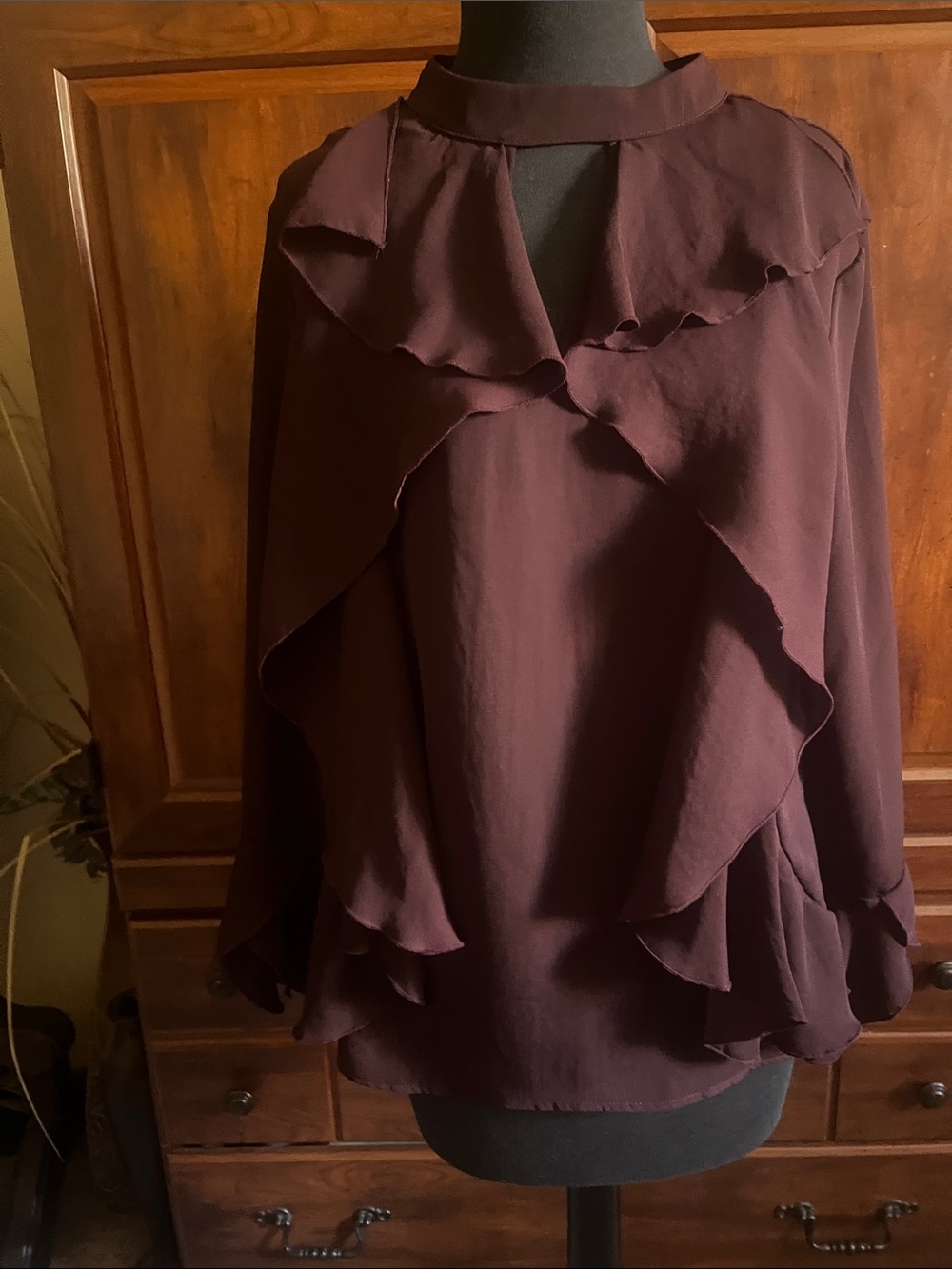 New York & Company Plum Ruffle Front Blouse